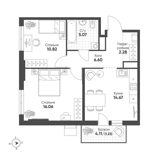 Квартира 2-комн. 56.73 кв. м