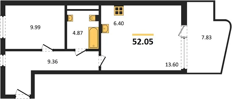 Квартира 1-комн. 52.05 кв. м