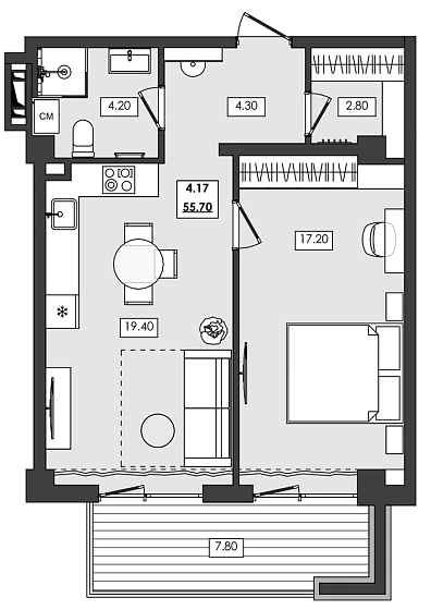 Апартаменты 2-комн. 55.7 кв. м