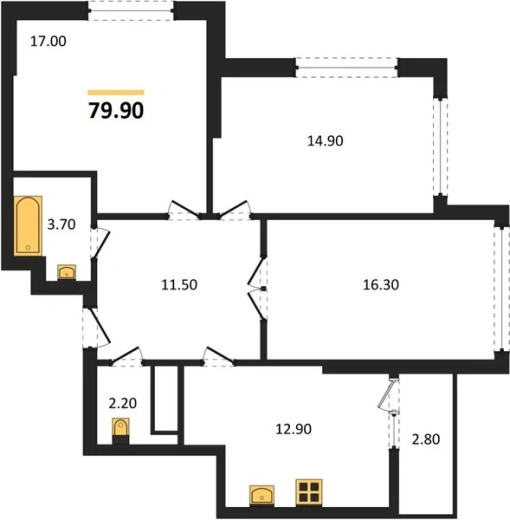 Квартира 3-комн. 79.9 кв. м
