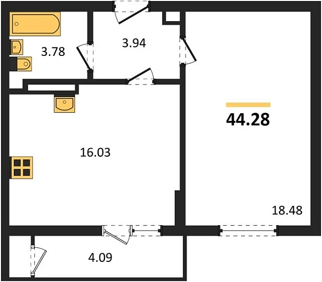 Квартира 1-комн. 44.28 кв. м