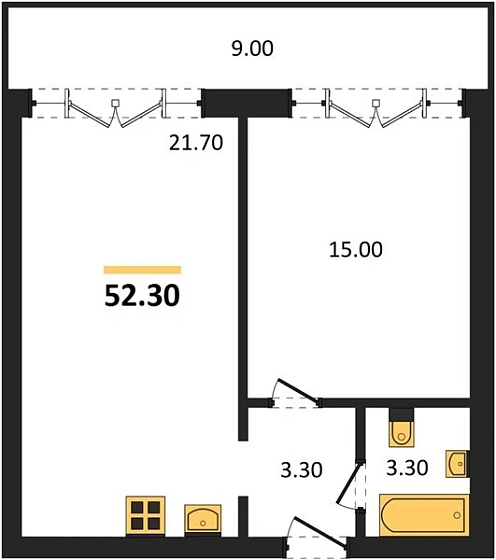 Апартаменты 1-комн. 52.3 кв. м