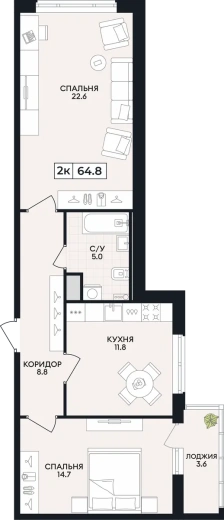 Квартира 2-комн. 64.8 кв. м