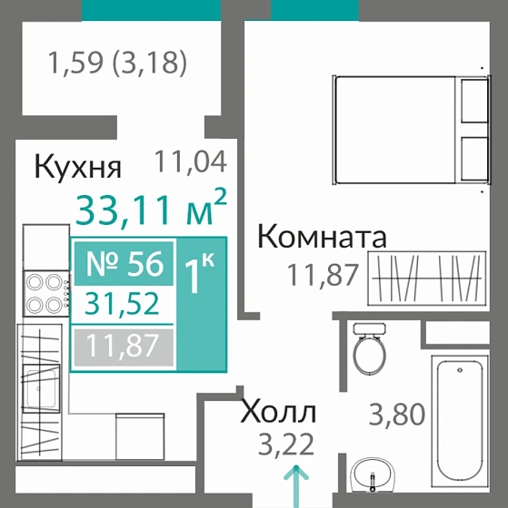 Квартира 1-комн. 31.52 кв.м