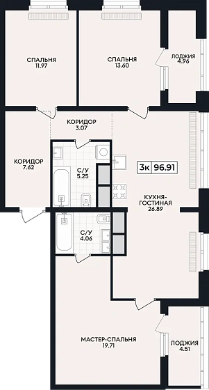 Квартира 3-комн. 96.91 кв. м