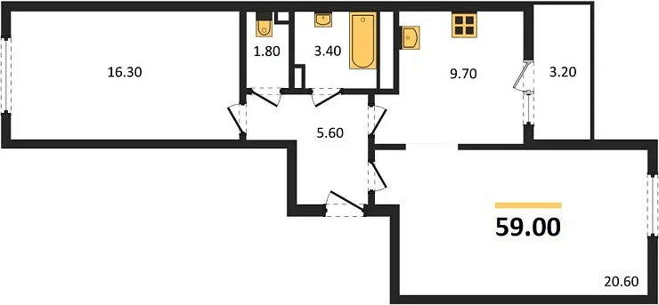 Квартира 2-комн. 59 кв. м