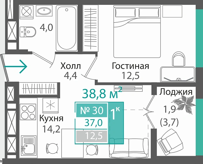 Квартира 1-комн. 37 кв.м