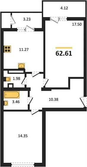 Квартира 2-комн. 62.61 кв. м