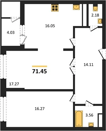 Квартира 2-комн. 71.45 кв. м
