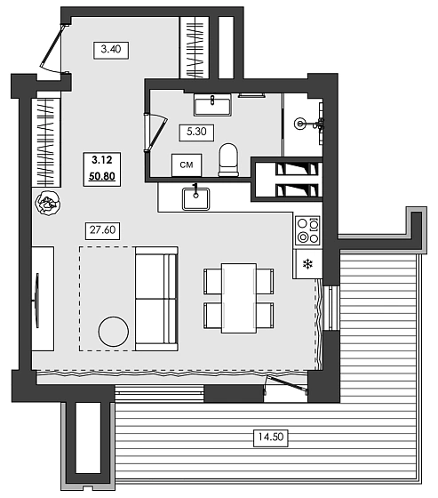 Апартаменты 1-комн. 50.8 кв. м