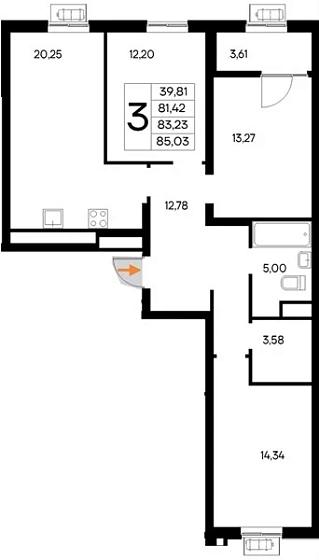Квартира 3-комн. 85.03 кв. м