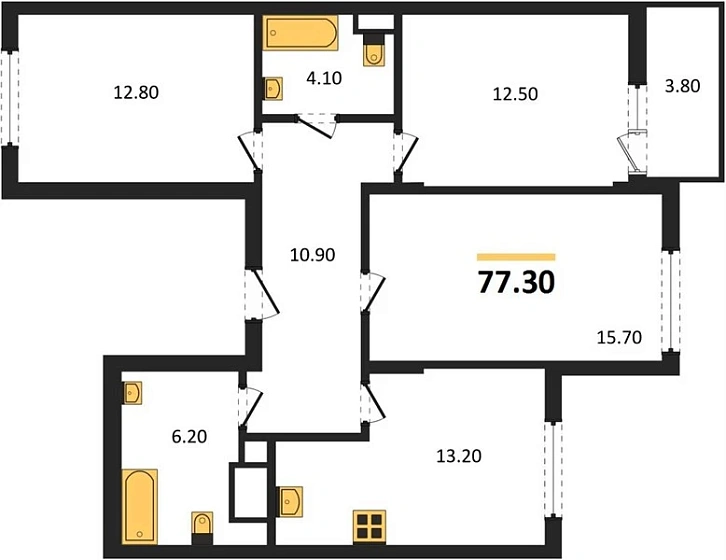 Квартира 3-комн. 77.3 кв. м