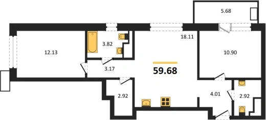Квартира 2-комн. 59.68 кв. м
