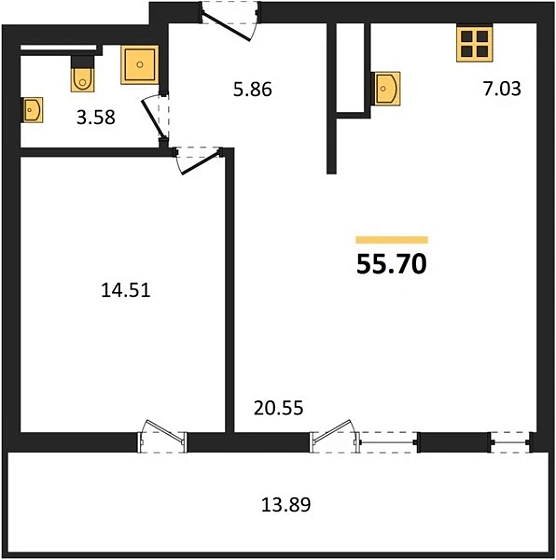 Квартира 2-комн. 55.7 кв. м