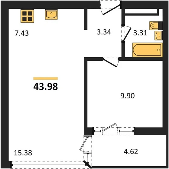 Квартира 2-комн. 43.98 кв. м