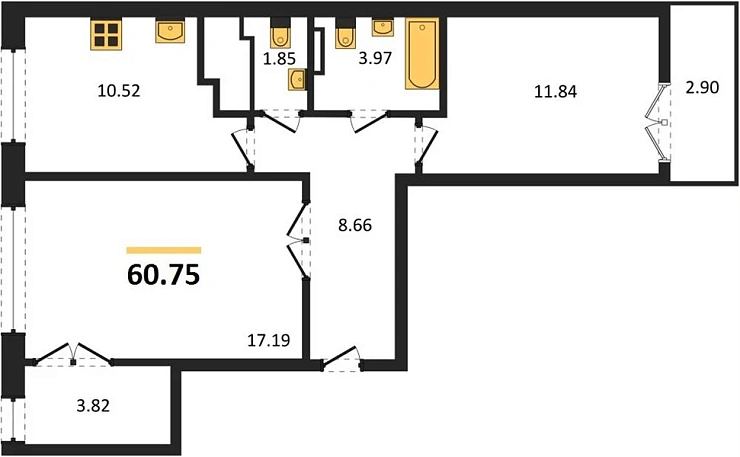 Квартира 2-комн. 60.75 кв. м