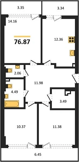 Квартира 3-комн. 76.87 кв. м