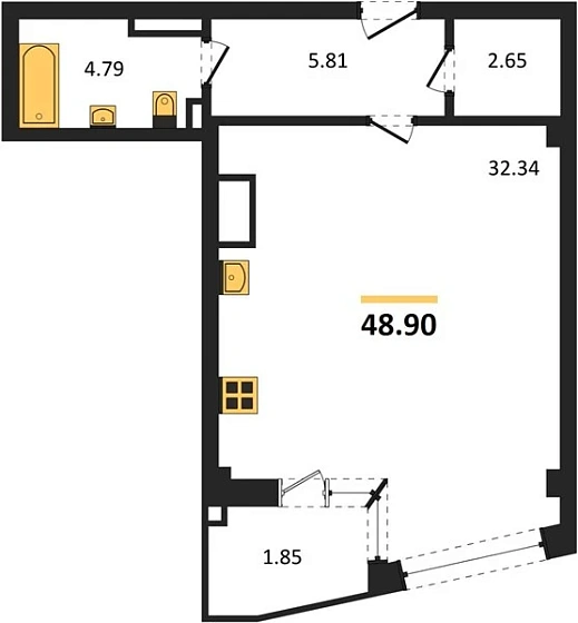 Апартаменты 1-комн. 48.9 кв. м