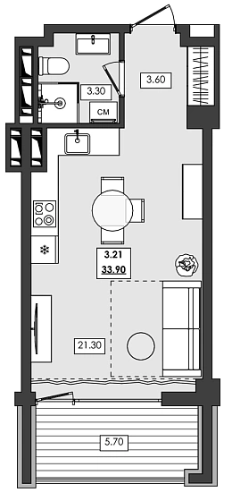 Апартаменты 1-комн. 33.9 кв. м