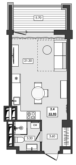 Апартаменты 1-комн. 33.9 кв. м