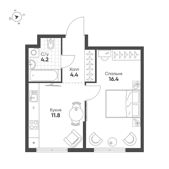 Квартира 1-комн. 36.8 кв. м