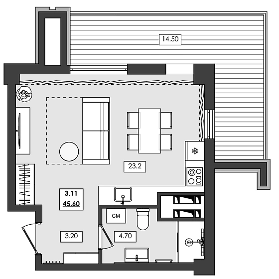 Апартаменты 1-комн. 45.6 кв. м