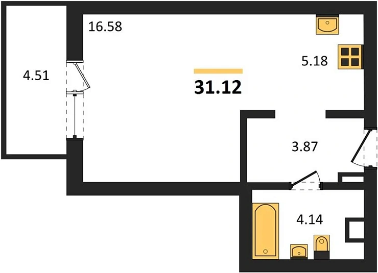 Квартира Студия 31.12 кв. м