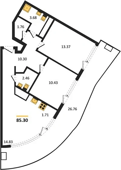 Апартаменты 2-комн. 85.3 кв. м