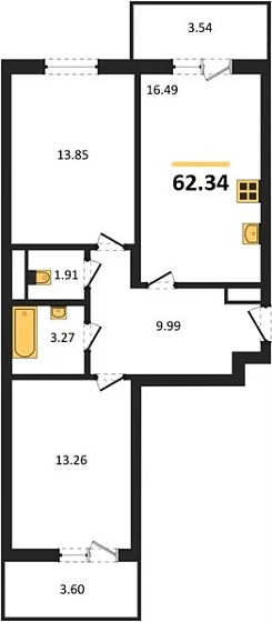 Квартира 2-комн. 62.34 кв. м