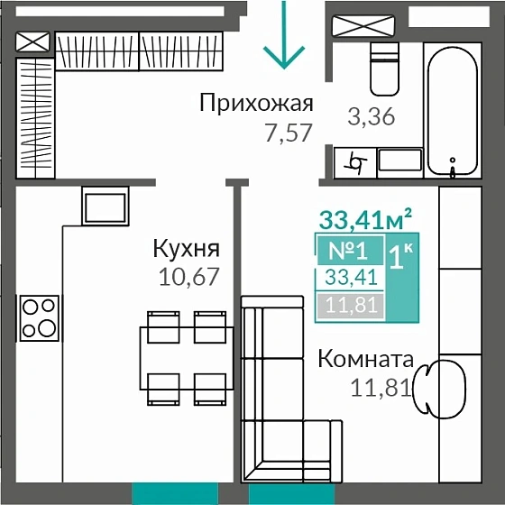 Квартира 1-комн. 33.41 кв.м
