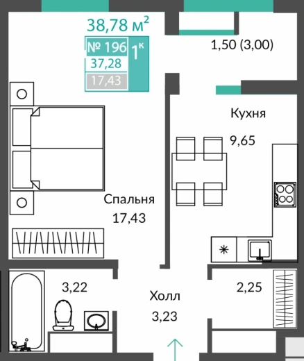 Квартира 1-комн. 37.28 кв.м