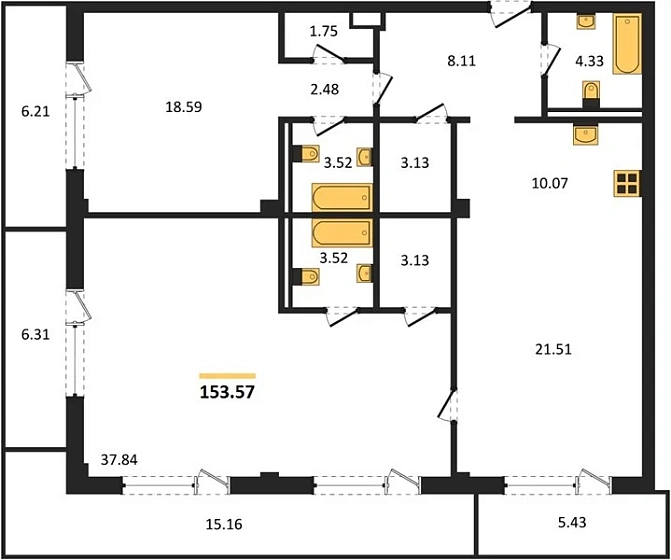 Апартаменты 3-комн. 153.57 кв. м