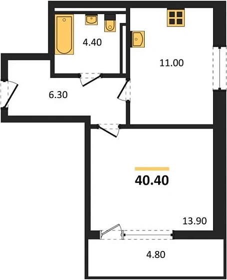 Квартира 1-комн. 40.4 кв. м