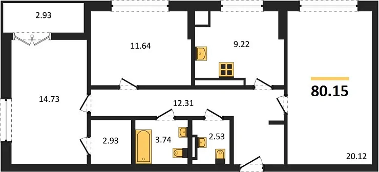 Квартира 3-комн. 80.15 кв. м