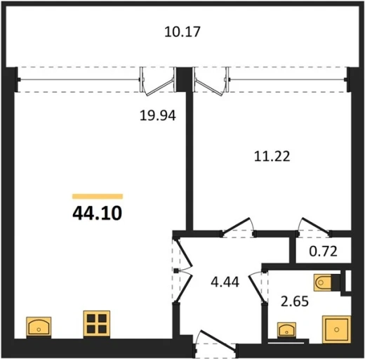 Квартира 1-комн. 44.1 кв. м