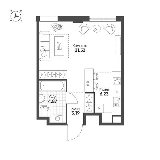 Квартира 1-комн. 35.81 кв. м