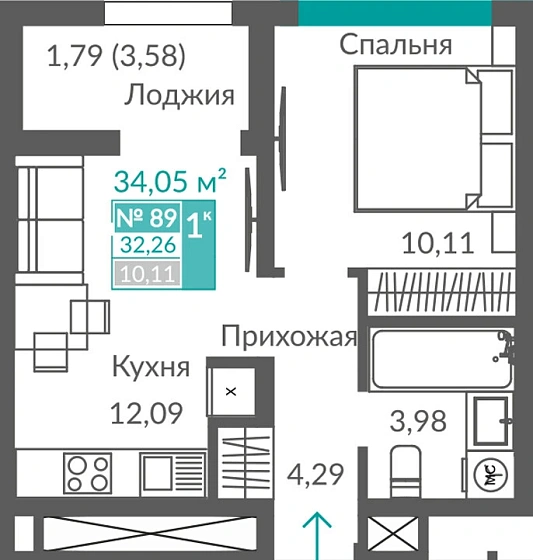 Квартира 1-комн. 32.26 кв.м