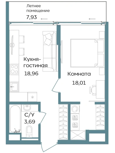 Апартаменты 2-комн. 48.59 кв. м