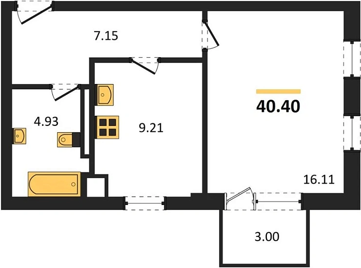 Квартира 1-комн. 40.4 кв. м