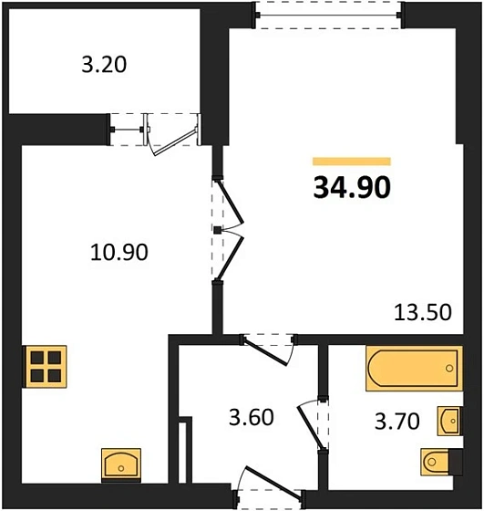 Квартира 1-комн. 34.9 кв. м