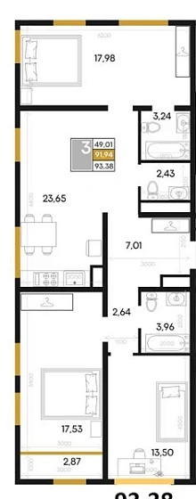 Квартира 3-комн. 93.38 кв. м
