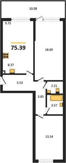 Квартира 2-комн. 75.39 кв. м