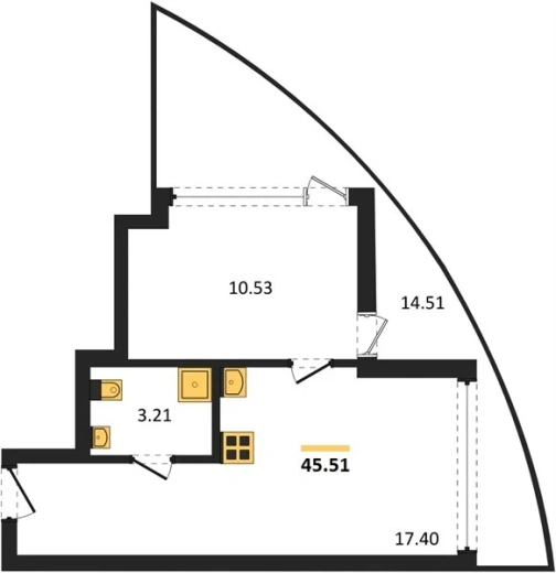 Апартаменты 1-комн. 45.51 кв. м
