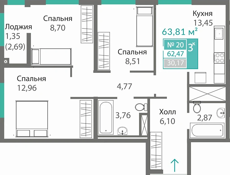 Квартира 3-комн. 62.47 кв.м