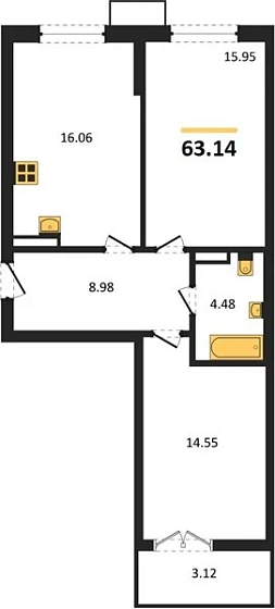 Квартира 2-комн. 63.14 кв. м
