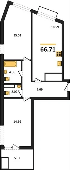 Квартира 2-комн. 66.71 кв. м