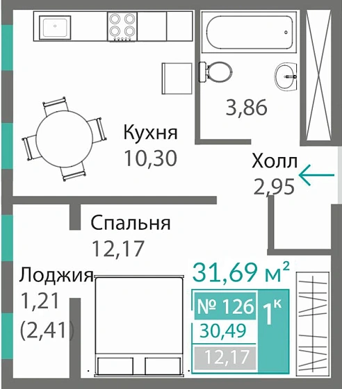 Квартира 1-комн. 30.49 кв.м