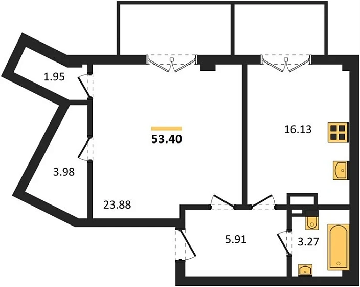 Квартира 1-комн. 53.4 кв. м