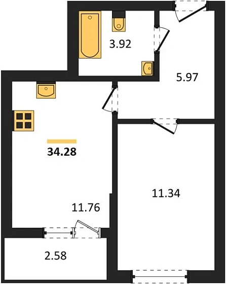 Квартира 1-комн. 34.28 кв. м