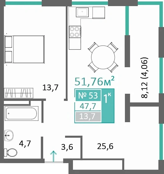 Квартира 1-комн. 47.7 кв.м
